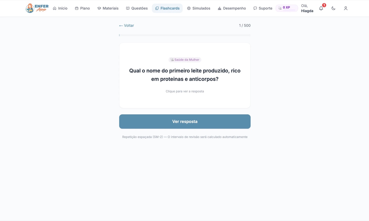 Flashcard de revisão no Enfer App